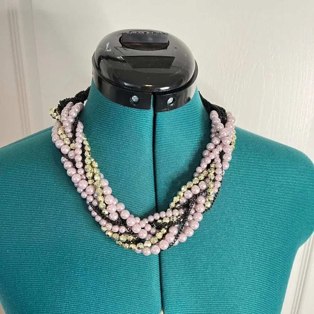 Vintage Multi Layer Twisted Beaded Faux Pearl Braided Chunky Statement Necklace
